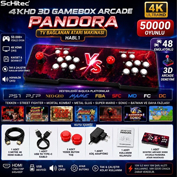ScHitec 4KHD 3D Gamebox Arcade 48 Emülatörlü Pandora Atari Makinası 50000 Oyunlu TV Bağlanan Oyun Konsolu