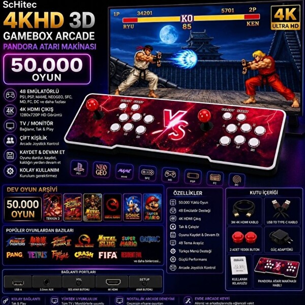 ScHitec 4KHD 3D Gamebox Arcade 48 Emülatörlü Pandora Atari Makinası 50000 Oyunlu TV Bağlanan Oyun Konsolu