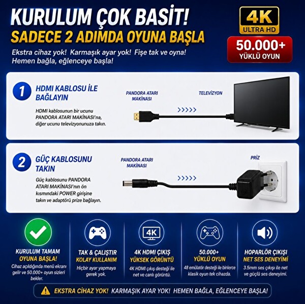 ScHitec 4KHD 3D Gamebox Arcade 48 Emülatörlü Pandora Atari Makinası 50000 Oyunlu TV Bağlanan Oyun Konsolu