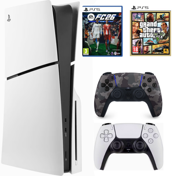 Sony Playstation 5 Slim CD 1 TB - 2.Dualsense Kamuflaj FC26 - GTA5 (İthalatçı Garantili)