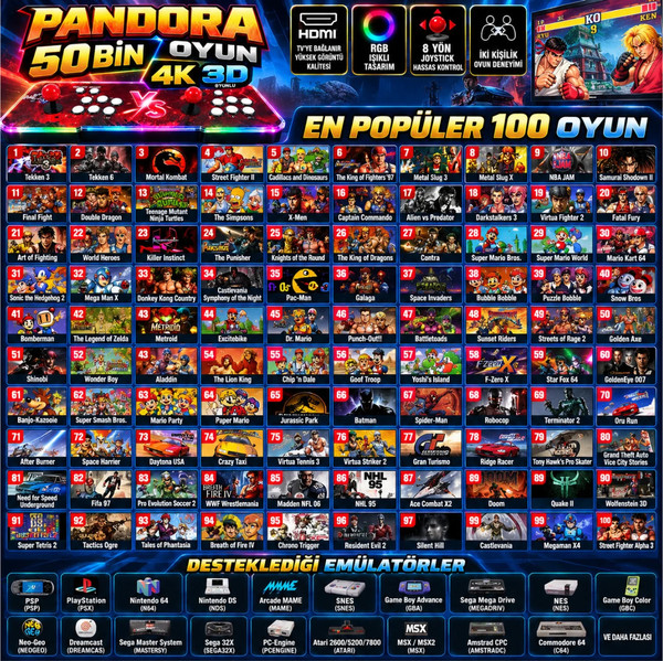 ScHitec Pandora 50.000 Oyunlu 4K 3D RGB Işıklı Çift Kişilik Arcade Oyun Konsolu