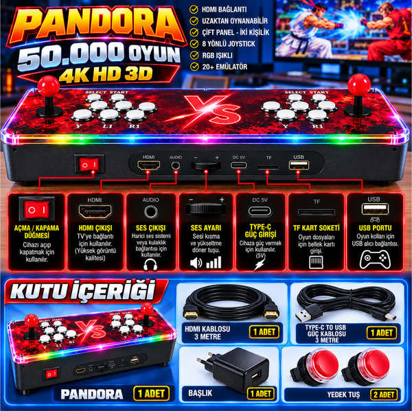 ScHitec Pandora 50.000 Oyunlu 4K 3D RGB Işıklı Çift Kişilik Arcade Oyun Konsolu