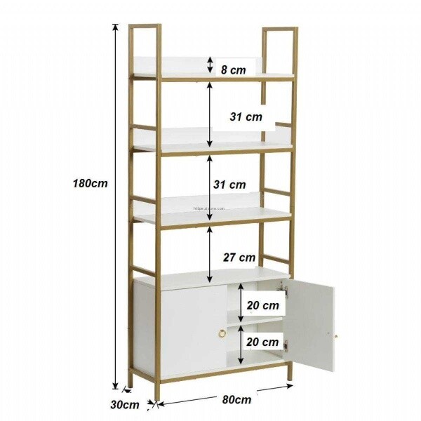 Zizuva Tasarım 180x80x30 CM Gold Beyaz 4 Raflı ve Dolaplı Düzenleyici