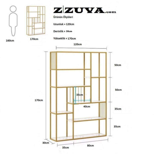 Zizuva Tasarım 120x30 CM Beyaz Gold Dekoratif Kitaplık