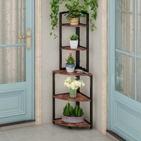 Zizuva 60x153x30 CM Tasarım 5 Katlı Ceviz Köşe Rafı