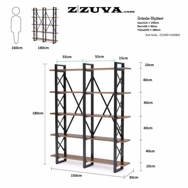 Zizuva Tasarım 150x30x180 CM 5 Raflı Ceviz Aksesuar Düzenleyici ve Kitaplık
