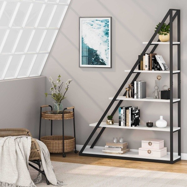 Zizuva Tasarım 120x30x180 CM Dekoratif Beyaz Piramit Kitaplık Modeli