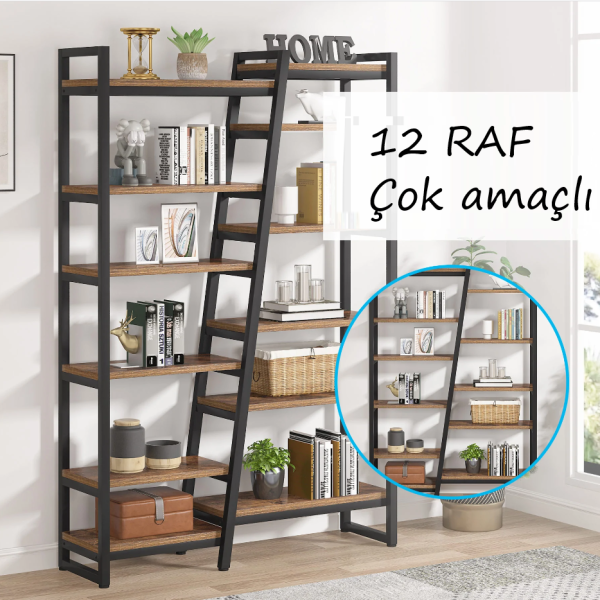 Zizuva Tasarım 122x33x180 CM Ceviz Kitaplık ve Dekoratif Raf