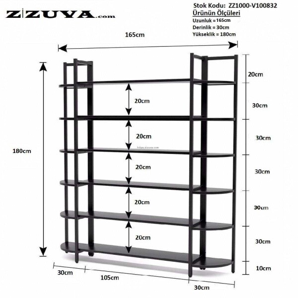 Zizuva Tasarım 165x30x180 CM Siyah Modern Kitaplık Modeli