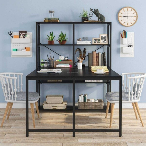 Zizuva Tasarım 124x140 CM Raflı ve Kitaplıklı Siyah Çalışma Masası