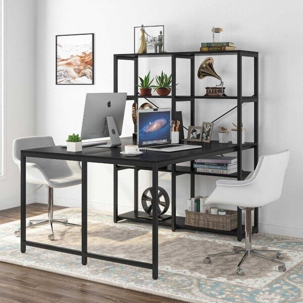 Zizuva Tasarım 124x140 CM Raflı ve Kitaplıklı Siyah Çalışma Masası