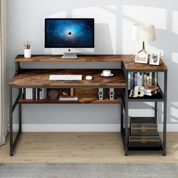 Zizuva Tasarım 160x60x92 CM Monitör Raflı ve Kitaplıklı Ceviz Çalışma Masası