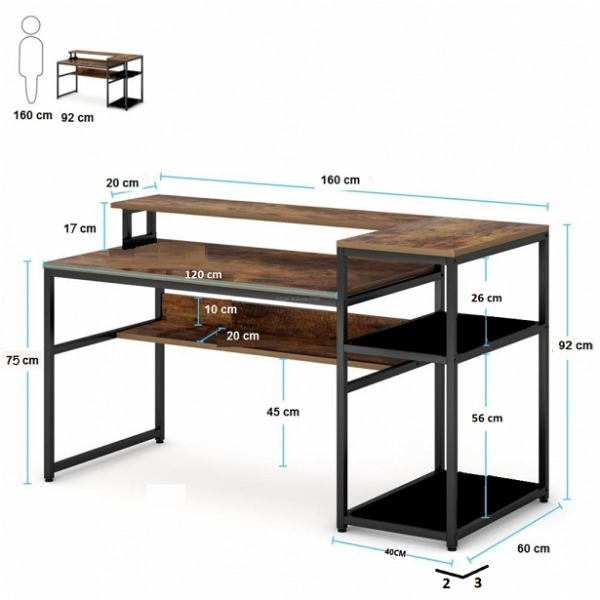 Zizuva Tasarım 160x60x92 CM Monitör Raflı ve Kitaplıklı Ceviz Çalışma Masası