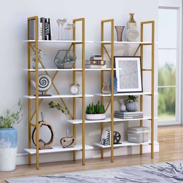 Zizuva Tasarım 180x30x180 CM Gold Beyaz Kitaplık ve İkiz Vitrin