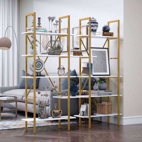 Zizuva Tasarım 180x30x180 CM Gold Beyaz Kitaplık ve İkiz Vitrin
