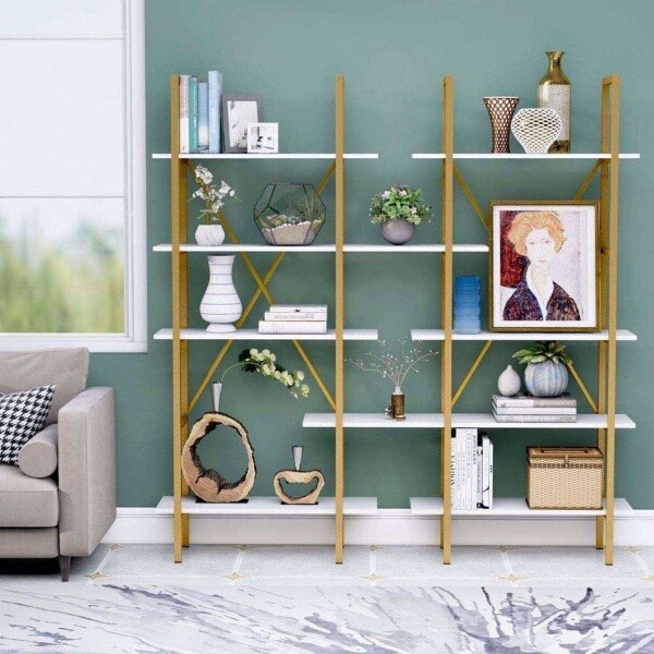 Zizuva Tasarım 180x30x180 CM Gold Beyaz Kitaplık ve İkiz Vitrin