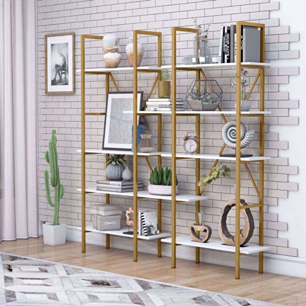 Zizuva Tasarım 180x30x180 CM Gold Beyaz Kitaplık ve İkiz Vitrin