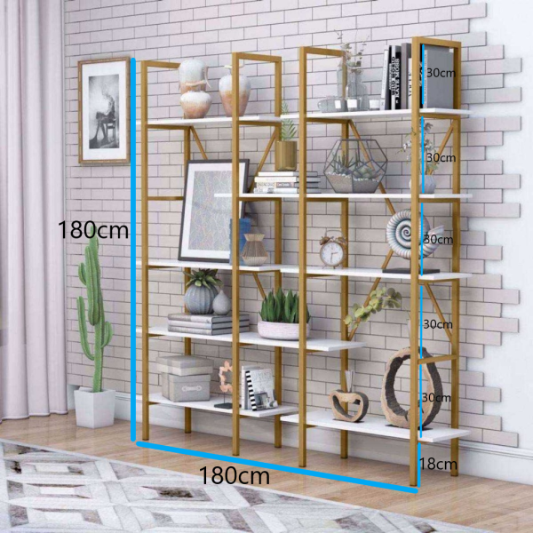 Zizuva Tasarım 180x30x180 CM Gold Beyaz Kitaplık ve İkiz Vitrin