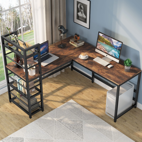 Zizuva Tasarım 150+145x55x75+120 CM Kitaplıklı Ceviz Ofis ve Ev Çalışma Masası