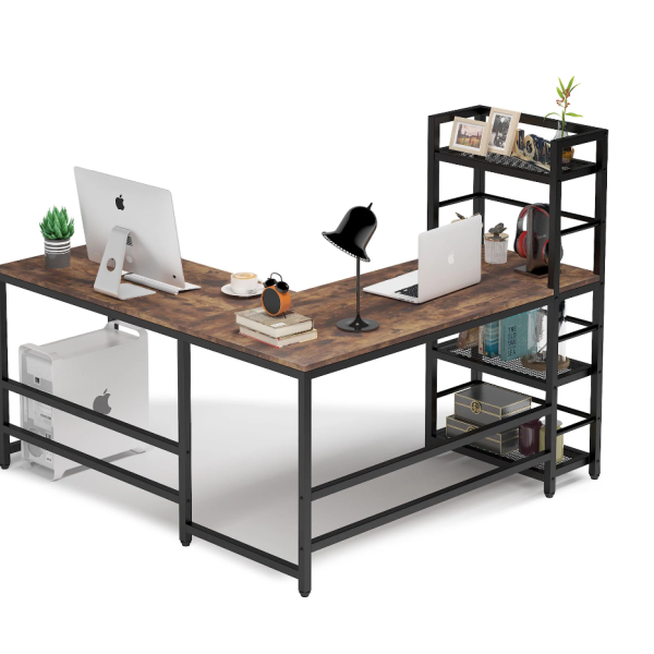 Zizuva Tasarım 150+145x55x75+120 CM Kitaplıklı Ceviz Ofis ve Ev Çalışma Masası