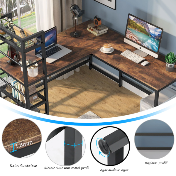 Zizuva Tasarım 150+145x55x75+120 CM Kitaplıklı Ceviz Ofis ve Ev Çalışma Masası
