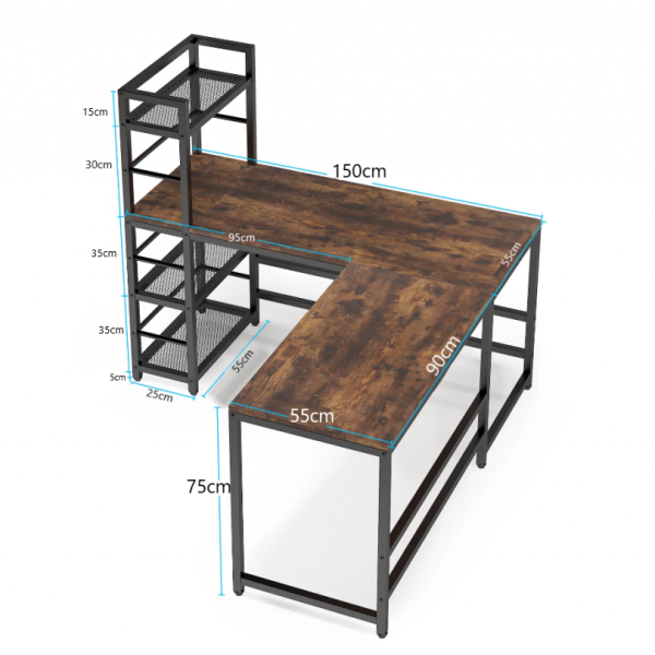 Zizuva Tasarım 150+145x55x75+120 CM Kitaplıklı Ceviz Ofis ve Ev Çalışma Masası
