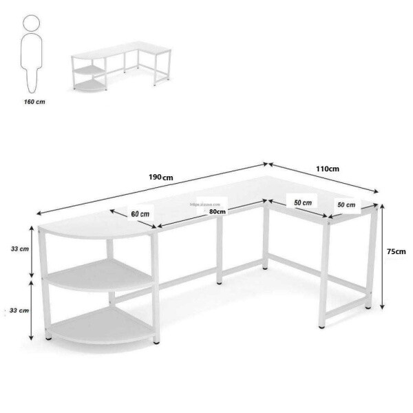 Zizuva Tasarım 190+110x60+50x75 CM L Model Beyaz Çalışma Masası