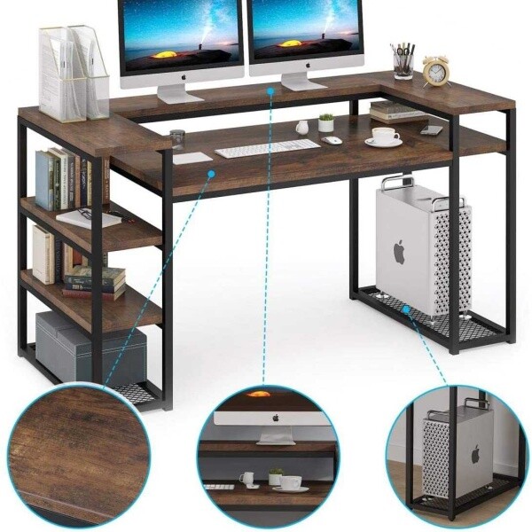 Zizuva Tasarım 160x65x90 CM Monitör Raflı Ceviz Çalışma Masası