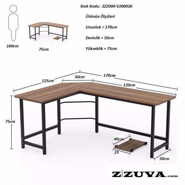 Zizuva Tasarım 170x50x75 CM Oval Köşe Ceviz Bilgisayar ve Çalışma Masası