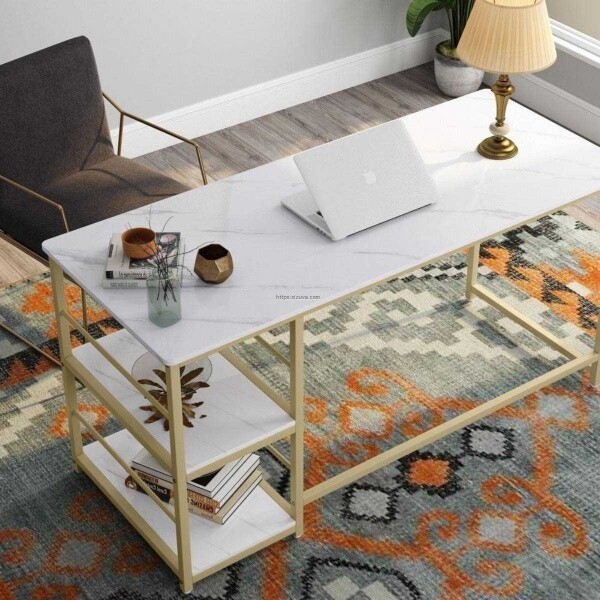 Zizuva Tasarım 140x60x75 CM Gold Beyaz Raflı Çalışma Masası