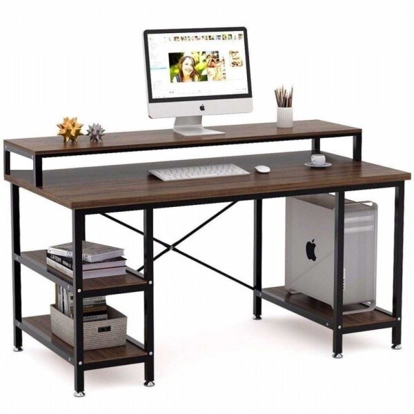 Zizuva 140x95x60 CM Ceviz Ev Ofis Bilgisayar Metal Raflı Çalışma Masası
