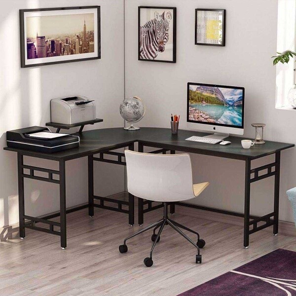Zizuva Tasarım 170+150x60x75 CM L Model Siyah Oval Çalışma Masası