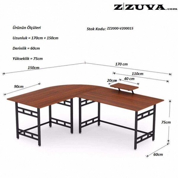 Zizuva Tasarım 170+150x60x75 CM L Model Siyah Oval Çalışma Masası
