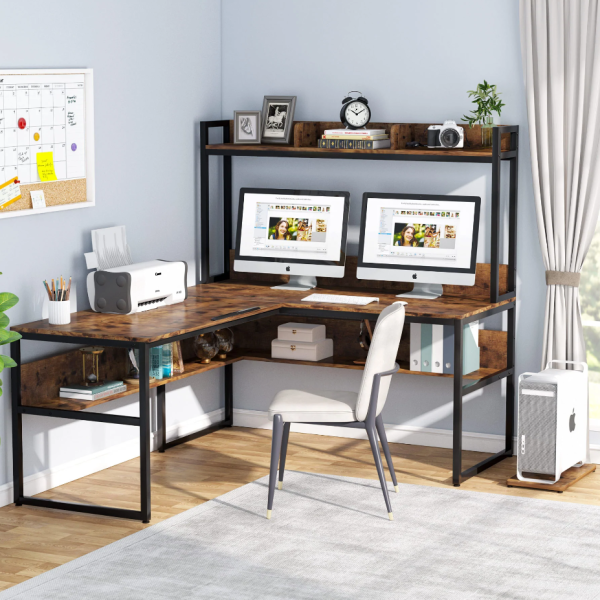 Zizuva Tasarım 166+140x60x75+144 CM L Model Ceviz Çizim ve Bilgisayar Masası