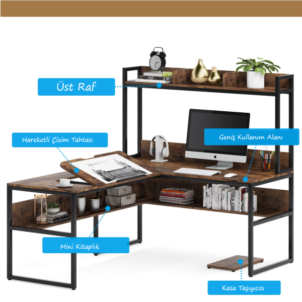 Zizuva Tasarım 166+140x60x75+144 CM L Model Ceviz Çizim ve Bilgisayar Masası