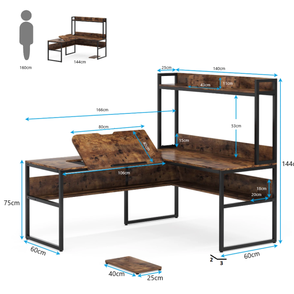 Zizuva Tasarım 166+140x60x75+144 CM L Model Ceviz Çizim ve Bilgisayar Masası