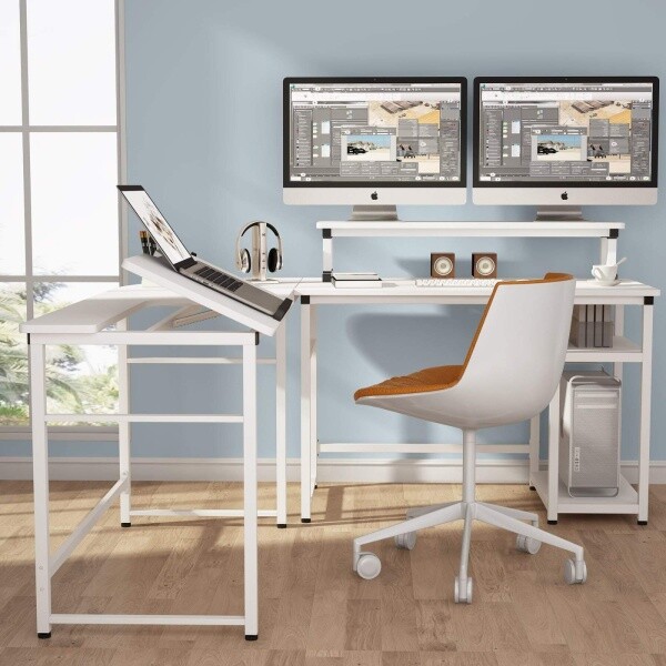 Zizuva Tasarım 180+180x60x75 CM Monitör Raflı Beyaz Çalışma Masası