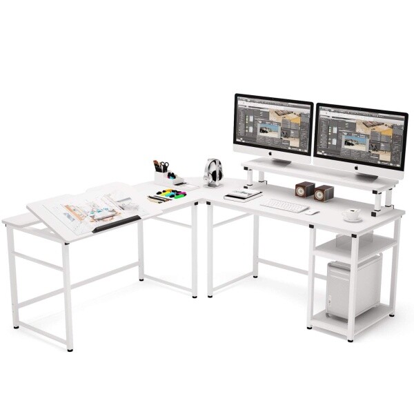 Zizuva Tasarım 180+180x60x75 CM Monitör Raflı Beyaz Çalışma Masası