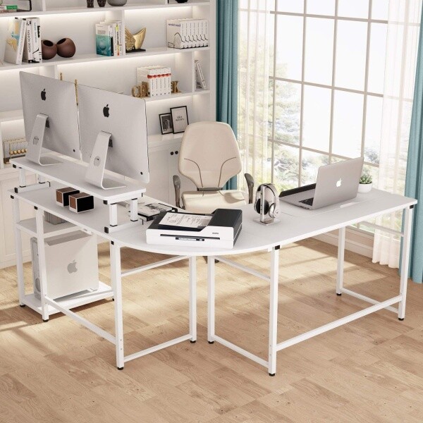 Zizuva Tasarım 180+180x60x75 CM Monitör Raflı Beyaz Çalışma Masası