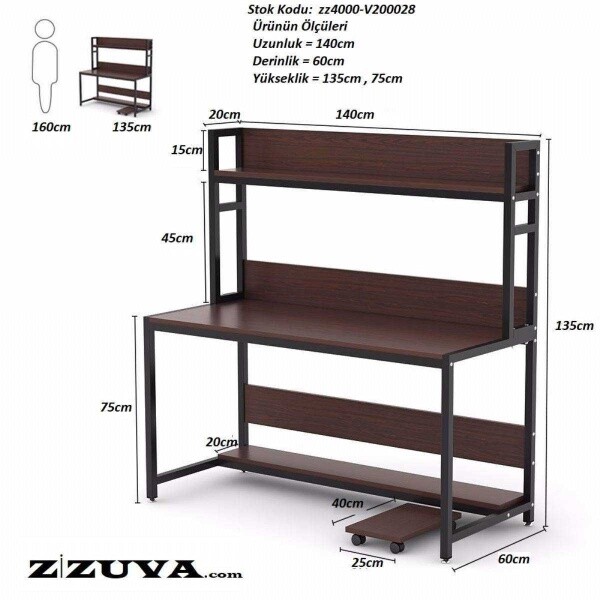 Zizuva Tasarım 140x60x135 CM Ceviz Ev ve Ofis Kitaplıklı Çalışma Masası