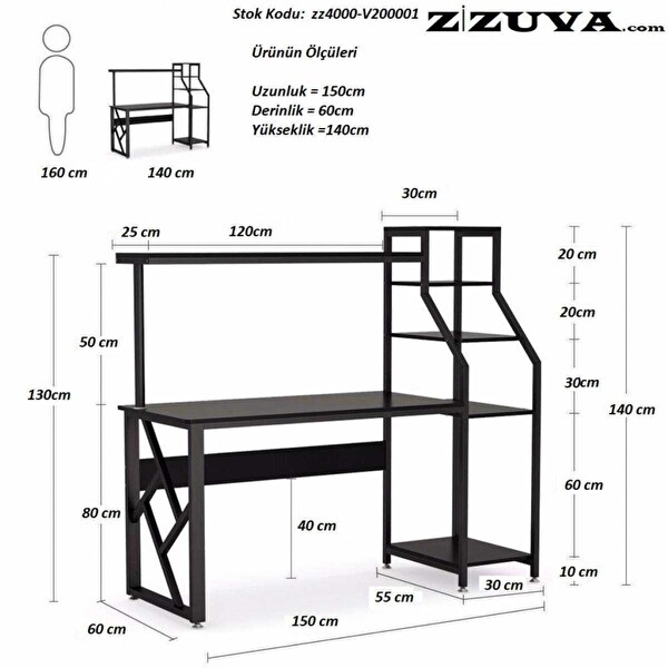 Zizuva Tasarım 150x60x140 CM Kitaplıklı Siyah Bilgisayar ve Çalışma Masası