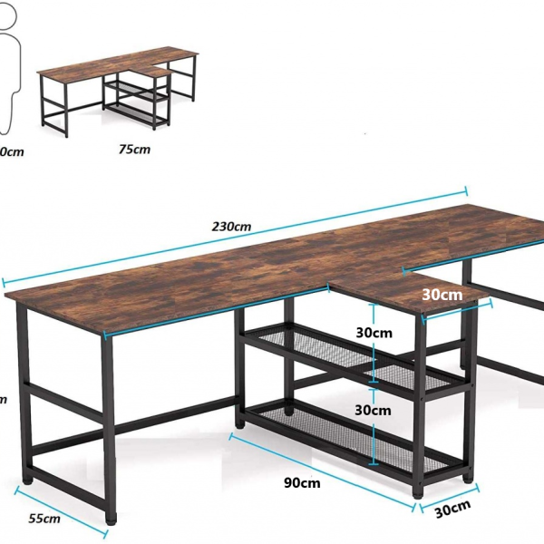 Zizuva Tasarım 230x55x75 CM 2 Kişilik Ceviz Çalışma Masası