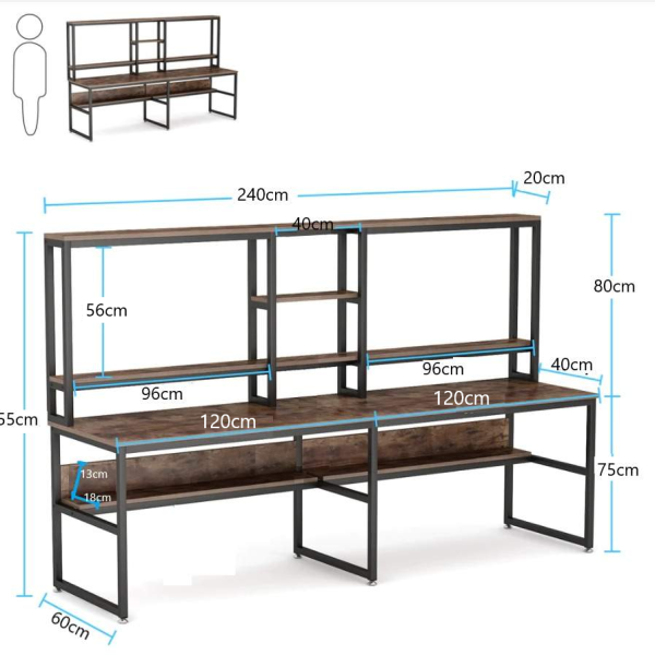 Zizuva Tasarım 240x60x155 CM İki Kişilik Ceviz Ev ve Ofis Çalışma Masası
