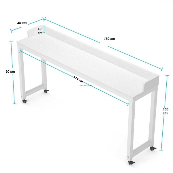 Zizuva Tasarım 180x40x100 CM Tekerlekli Beyaz Çalışma Masası