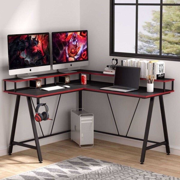 Zizuva Tasarım 145x90x55 CM L Model Monitör Raflı Siyah Oyuncu ve Çalışma Masası