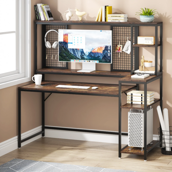 Zizuva Tasarım 150x150x60 CM Monitör Raflı Ceviz Çalışma Masası