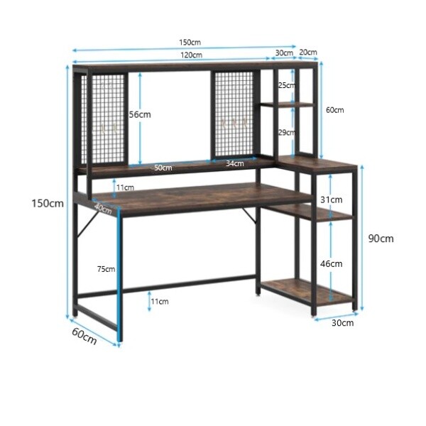 Zizuva Tasarım 150x150x60 CM Monitör Raflı Ceviz Çalışma Masası