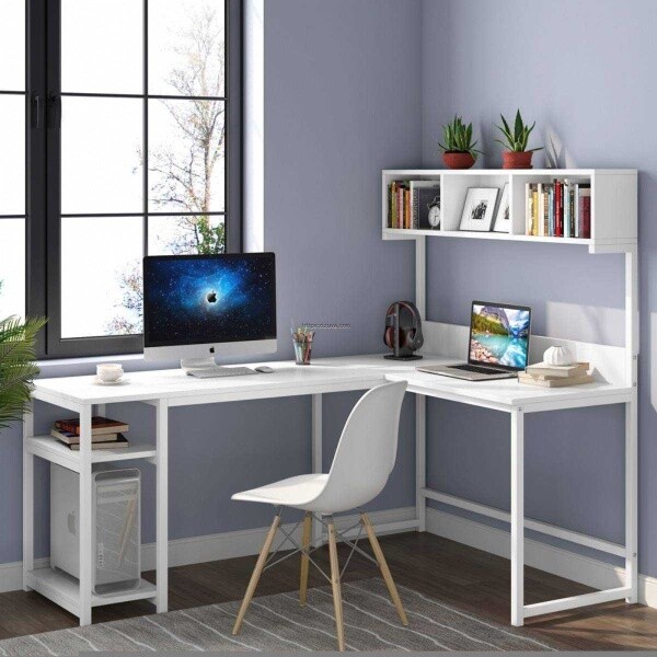 Zizuva Tasarım 175x140x55 CM L Model Raflı ve Kitaplıklı Çalışma Masası