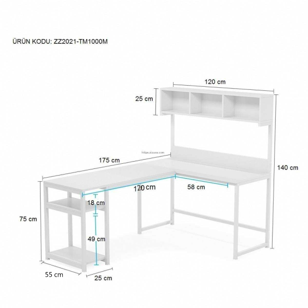 Zizuva Tasarım 175x140x55 CM L Model Raflı ve Kitaplıklı Çalışma Masası