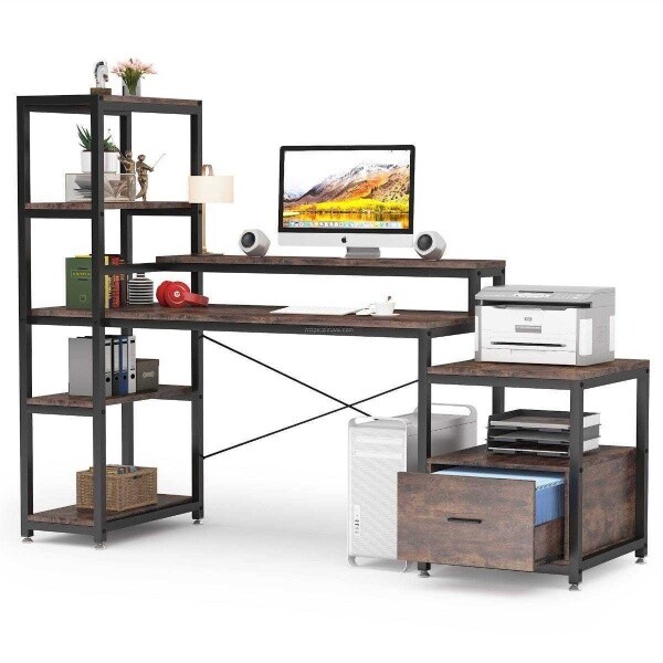 Zizuva Tasarım 200x200x60 CM Raflı ve Kitaplıklı Ceviz Çalışma Masası